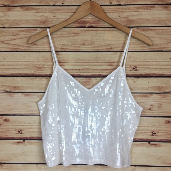 Express Tops - NWT Express Sequin Crop Top Sleeveless White M